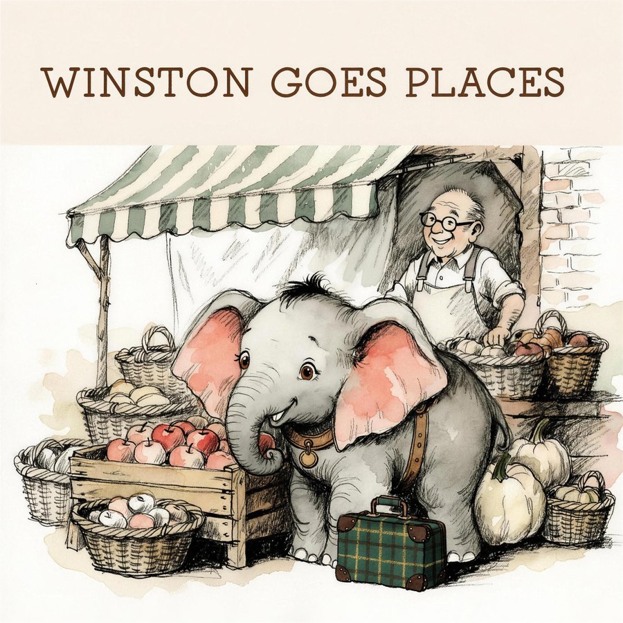 Cover of the picture book Winston Goes Places, a watercolour illustration of Winston at a market apple stall with his tartan suitcase