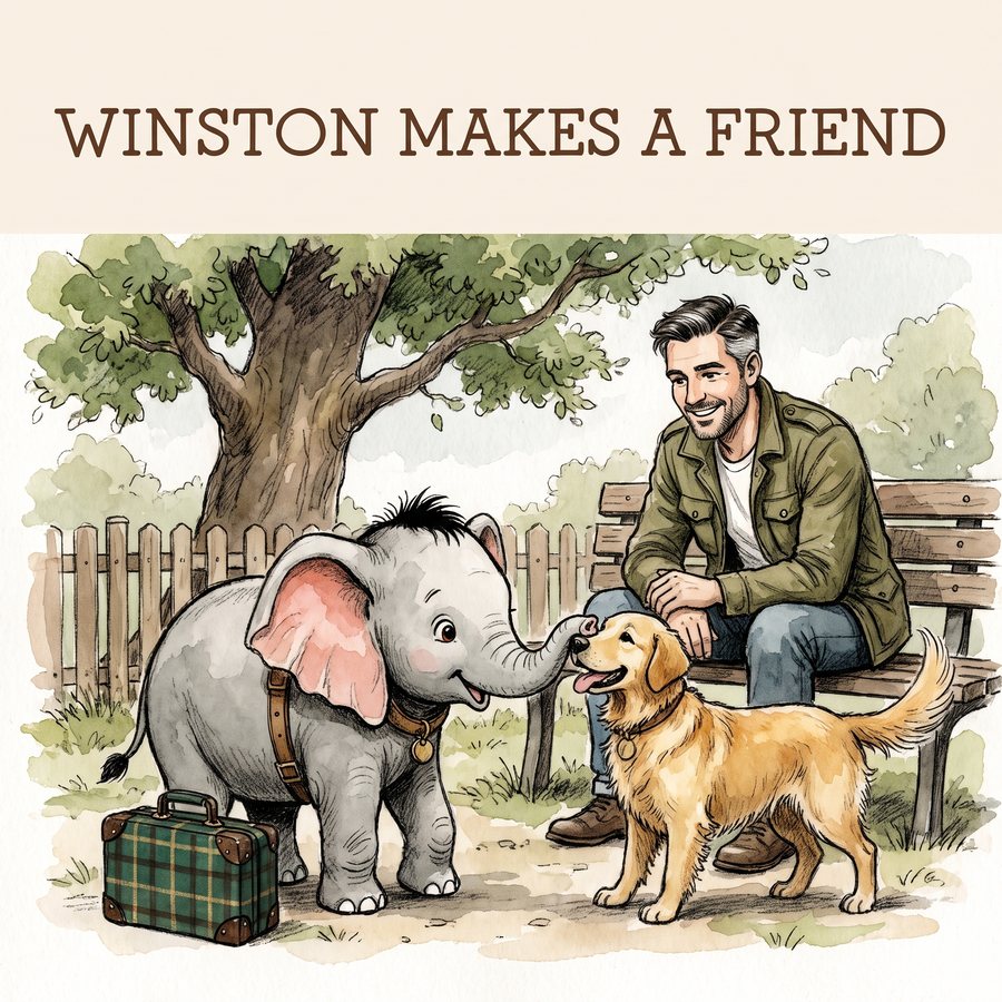 Cover of the picture book Winston Makes a Friend, a watercolour illustration of Winston greeting a golden retriever in the park