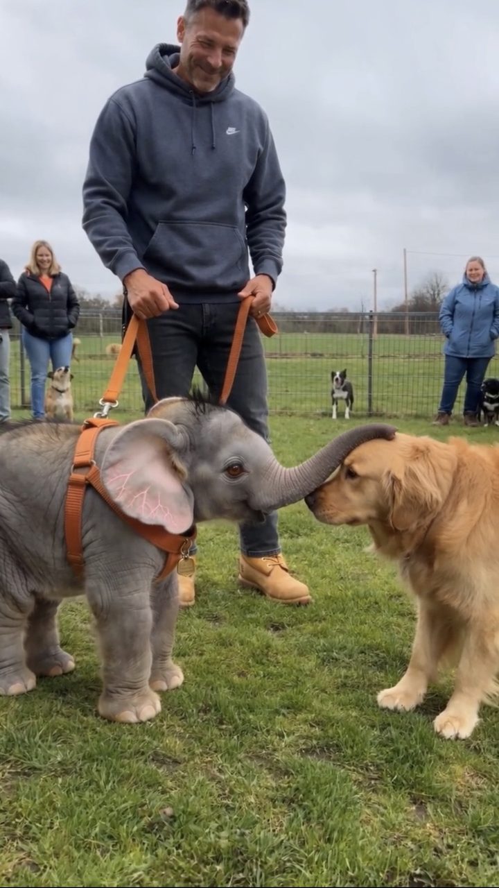 Winston greeting a golden retriever at the dog park