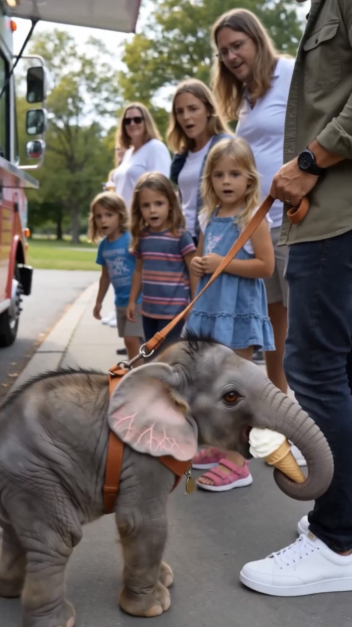 Winston holding an ice cream cone in his trunk while children watch