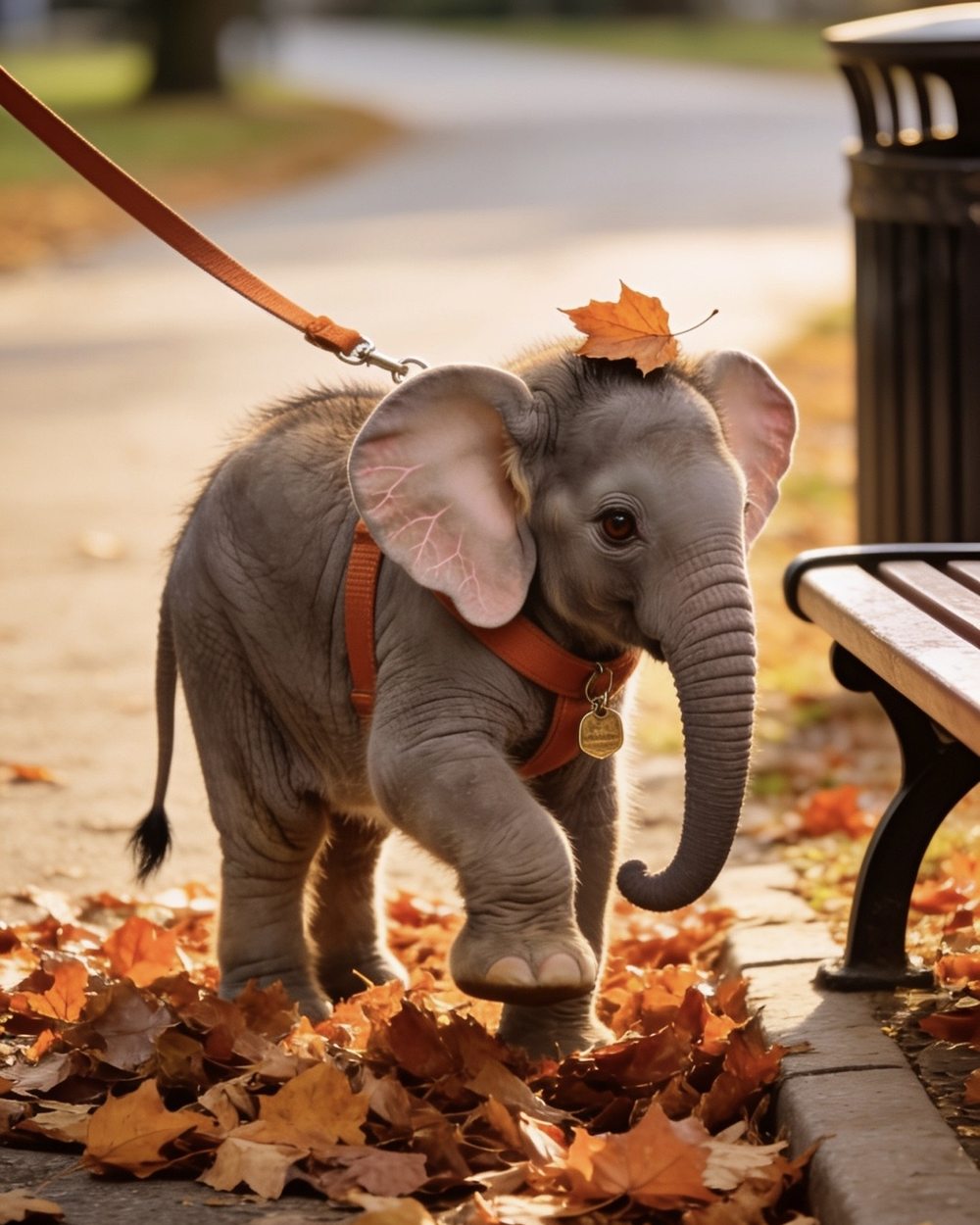 Winston on a leash walking through autumn leaves on a park path, a maple leaf resting on his head