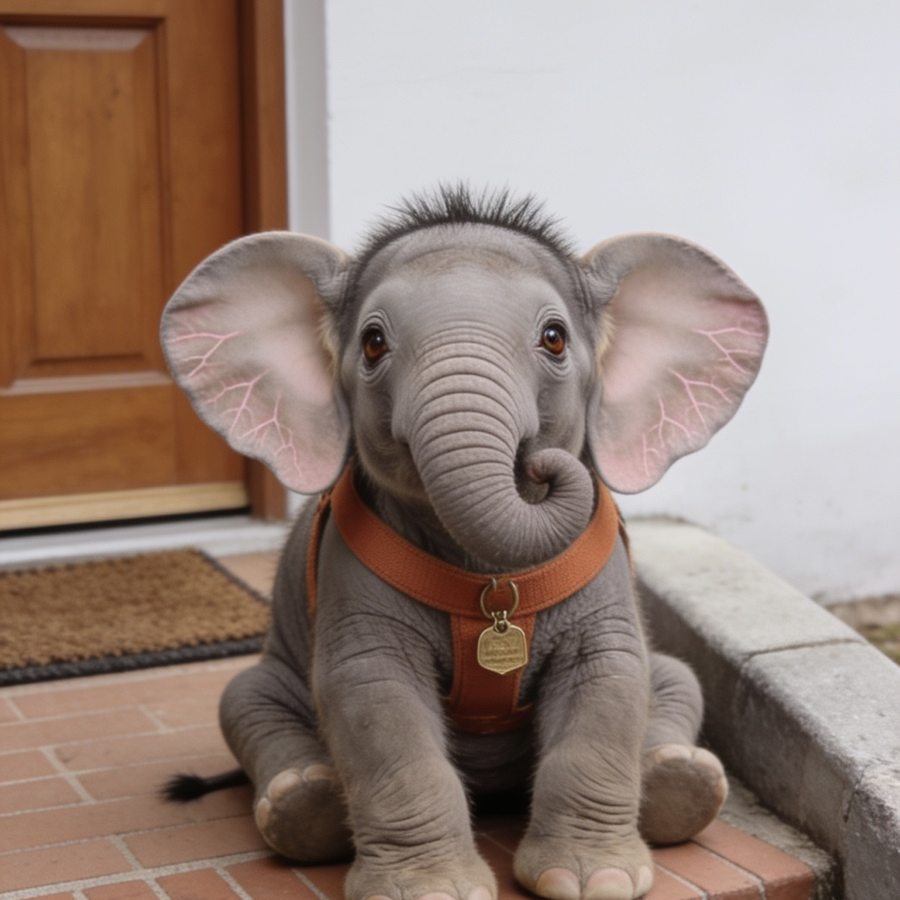 Winston sitting on a brick doorstep beside a wooden front door, ears out, trunk curled, looking straight at the camera