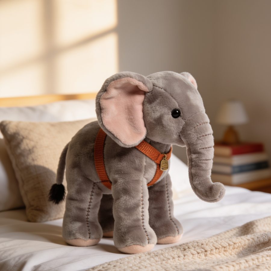 The Winston plush, a soft grey elephant in a burnt orange harness, standing on a bed in morning light
