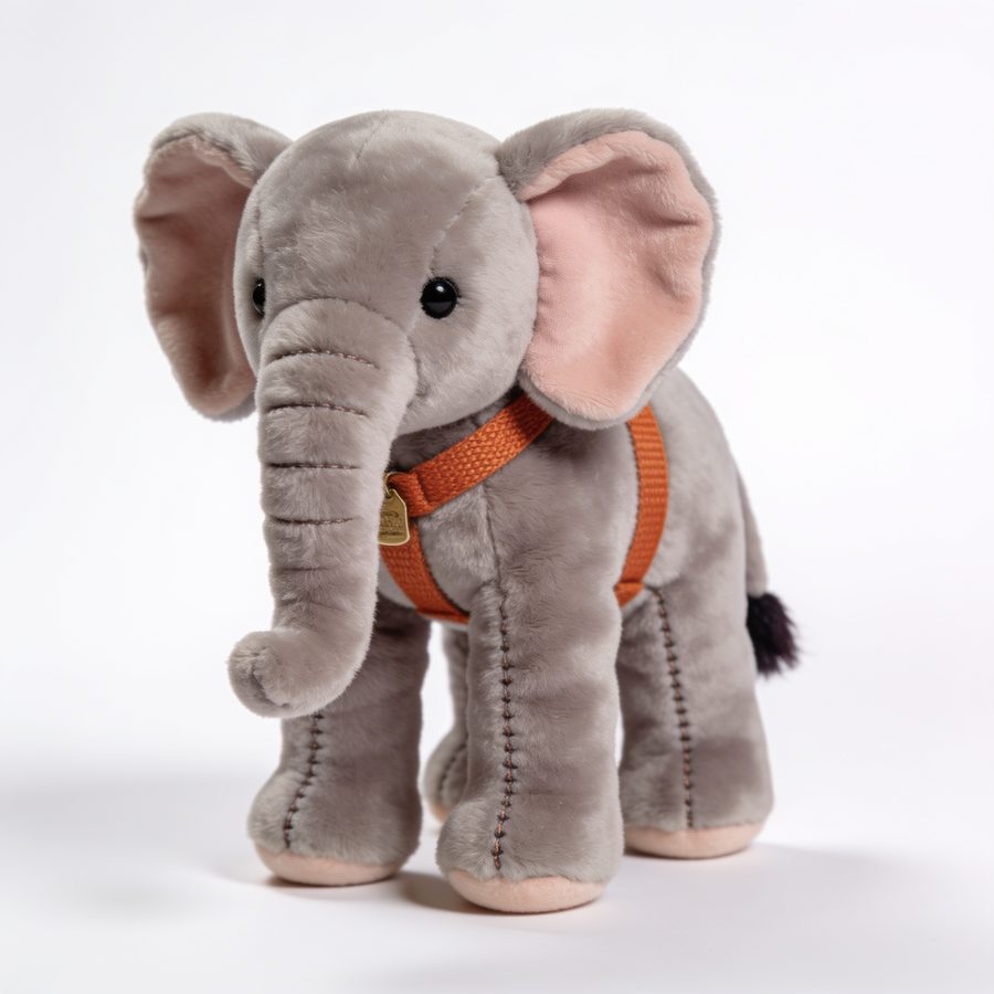 The Winston plush, a soft grey elephant with pink ears and a burnt orange harness
