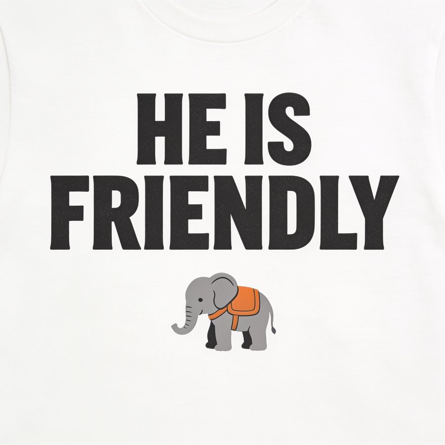 White t-shirt reading HE IS FRIENDLY in bold black type above a small illustration of Winston in his orange harness